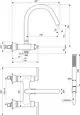 Ideal Standard Badearmatur mit flexiblem Auslauf und zwei Hebelgriffen. Technische Zeichnung zeigt Maße und Details der Montage sowie Anschlussmöglichkeiten.